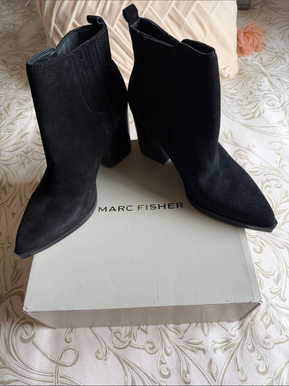 Marc Fisher Black Suede Pointed Ankle Booties with Block Heel